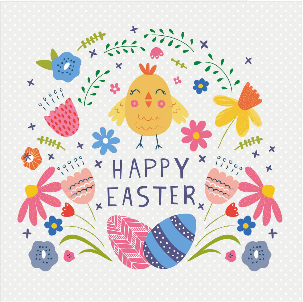 Happy Easter Chick and Flowers
