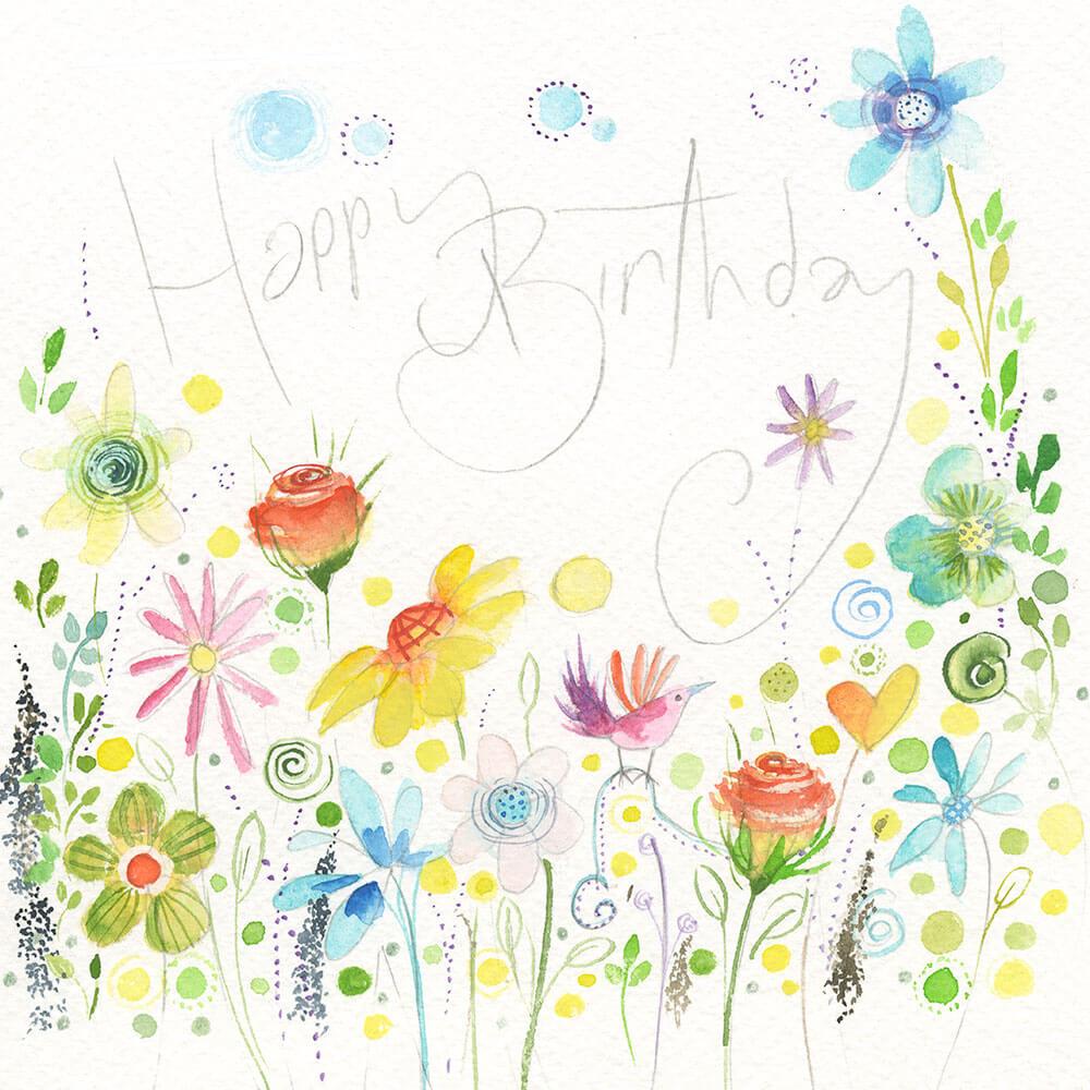 Happy Birthday Bird In A Field Of Flowers