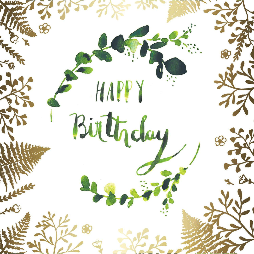 Birthday Green Watercolour Ferns